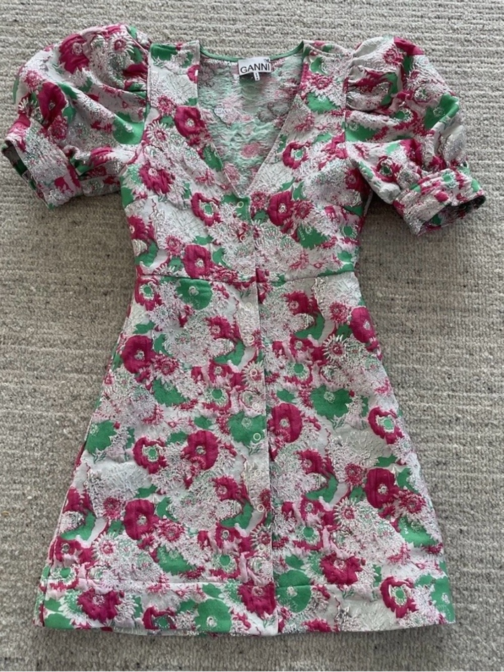 GANNI Jacquard Pink & Green Floral Puff-Sleeve Mini Dress